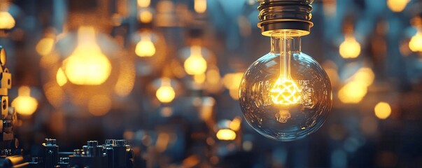 Leinwandbilder - Bright light bulb shining hanging with other bulbs in background