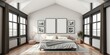 © Thiti - Frame mockup in a cozy loft bedroom with modern furniture and natural light streaming in from large windows, perfect for showcasing artwork or photographs, artwork, photographs, interior