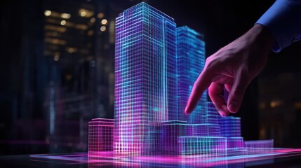 Poster - A human hand interacts with holographic futuristic building model