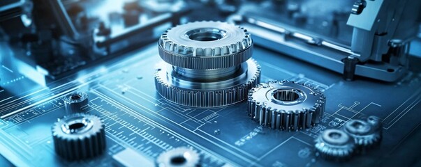 Poster - Gears working on circuit board showing engineering and technology
