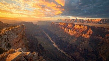 Wall Mural - Dramatic High Angle Shot of Rugged Land at Sunset with Clouds