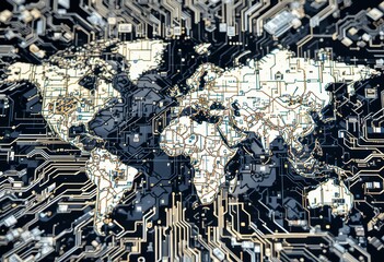 Fototapete - Map printed on a microchip.
