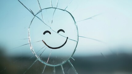 Poster - Cracked Mirror with Smiling Face Reflection in One Piece Captured in Natural Light