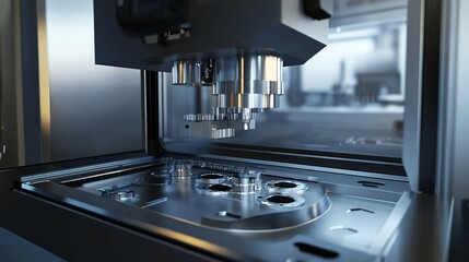 Poster - Cnc machine working on metal detail in factory workshop