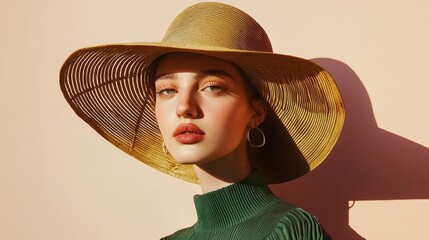 Poster - Dramatic Portrait of Model Posing Elegantly with a Large Straw Hat Against a Soft Background