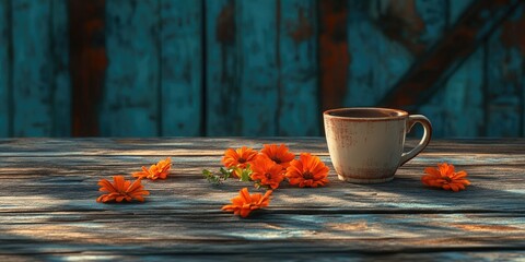 Wall Mural - Wooden Table with Coffee Cup