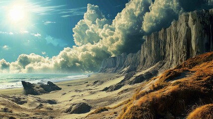 Wall Mural - Dramatic Coastal Landscape with Sandy Beach and Rugged Cliffs