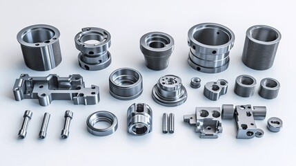 Poster - Metal components lying on white surface in mechanical engineering concept
