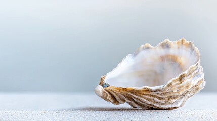 Poster - Close-up Macro Shot of an Oyster Shell on a Sandy Beach Background in Soft Natural Light