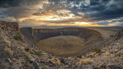 Wall Mural - Dramatic Panorama of Vast Barren Landscape at Sunset with Clouds