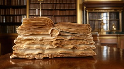 Aufkleber - Ancient Book Stack Rests In A Grand Library Setting