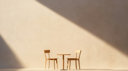 Poster - A Minimalist Scene of Two Empty Chairs Alone at a Simple Table Casting Shadows in Serene Space