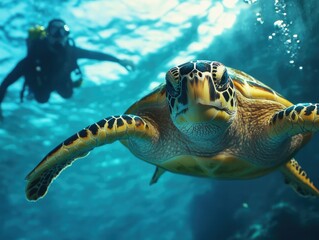 Poster - Turtle and Scuba Diver in Ocean