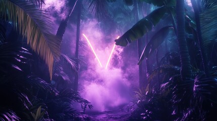 Wall Mural - Neon light illuminates foggy tropical forest in surreal dreamscape