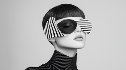 Poster - Elegant Black and White Portrait of a Model Wearing Stylish Oversized Eyewear with Striped Pattern and Chic Turtleneck Sweater