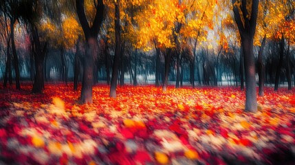 Aufkleber - Blurred autumnal scene displays vibrant leaves and dark trees