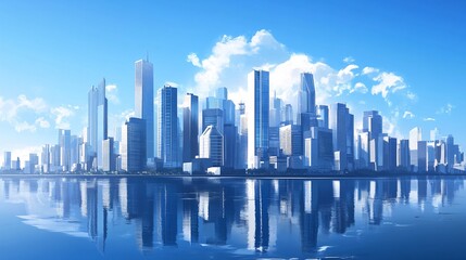 Fototapete - Modern city skyline reflecting on the water under a blue sky with clouds