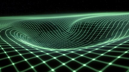 Poster - Abstract Green Gridded Surface Depicting Spacetime Curvature