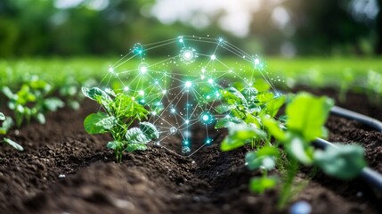 Fototapete - Smart farming technology monitoring system showing data on crops growing in field