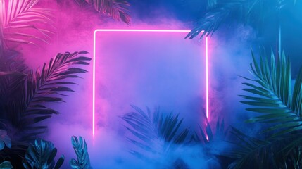 Fototapete - Neon pink square framing tropical leaves and smoky background