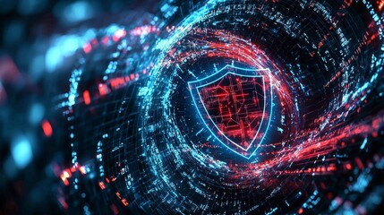 Poster - Dynamic Digital Composition of Swirling Code with Shield Symbol