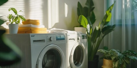 Wall Mural - White washer with green plant