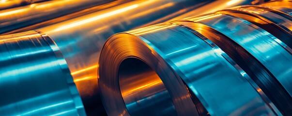 Fototapete - Closeup of shiny steel rolls glowing with warm light in metal industry factory