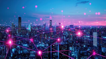 Poster - Futuristic Cityscape with Glowing Network Connections at Night