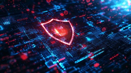 Poster - Glowing Futuristic Shield on Digital Matrix Background