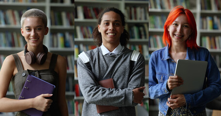 Wall Mural - Collage of three happy multiethnic students smiling looking at camera posing in library. Vertical portraits, group of young university or college learners standing indoor. Education, study, knowledge