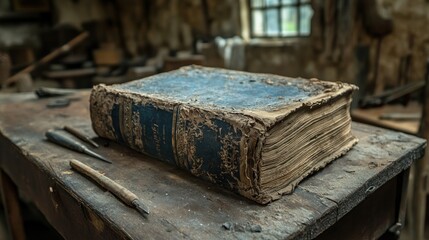Poster - An old aged book sits on a worn wooden table
