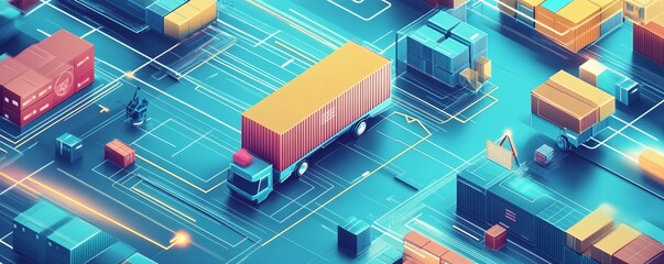 Poster - Global network of logistics with cargo trucks moving on circuit board