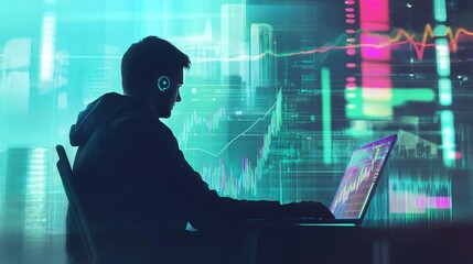 Poster - Business data analytics for sales growth – professional man analyzing revenue trends on laptop with growing graph, financial insights, and market performance strategy for corporate success
