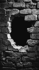 Poster - High Contrast Black and White Image of a Hole in a Brick Wall