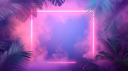 Poster - Neon frame amidst tropical foliage with purple and pink hues