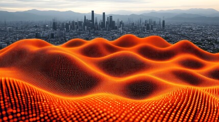 Poster - Digital Topography, Luminous Data Waves Overlooking a Distant Cityscape