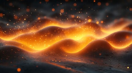 Poster - Ethereal Landscape, Glowing Hills and Shimmering Dust Particles Backdrop