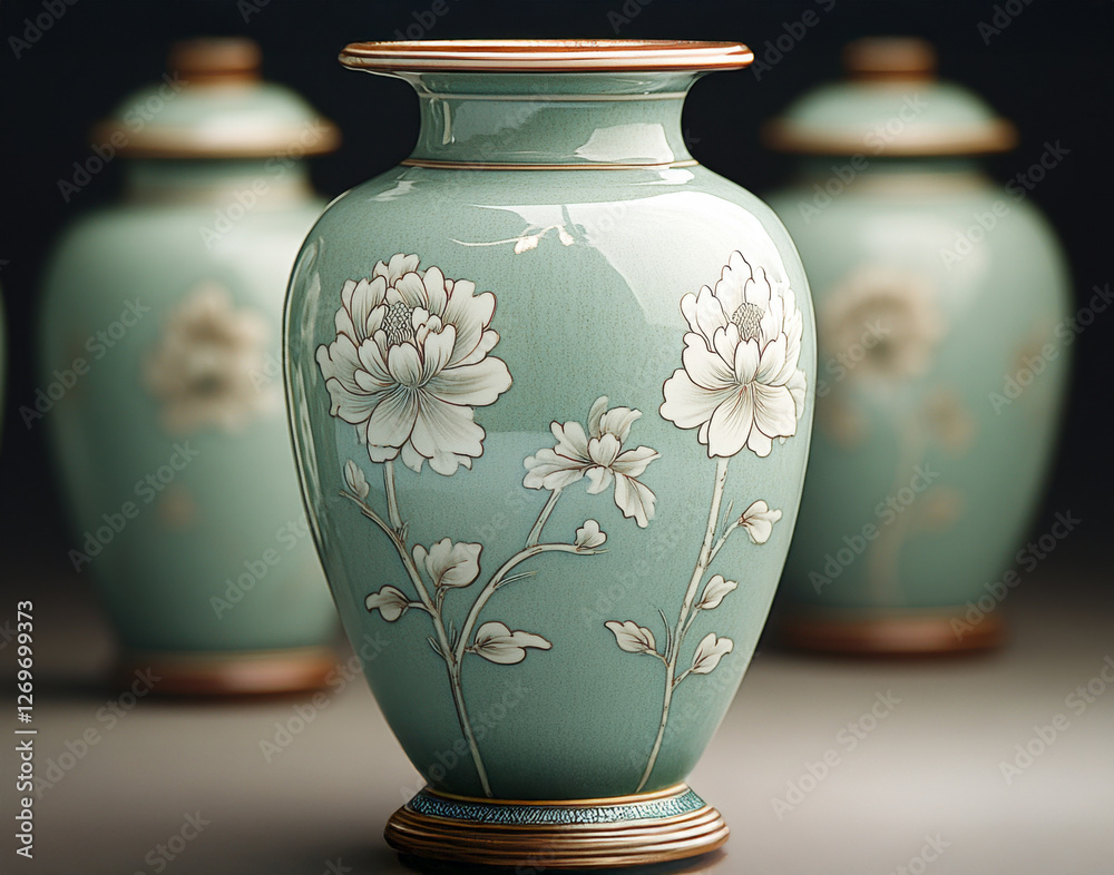 Elegant porcelain vases with floral designs create a tranquil ...