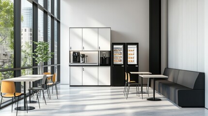 Poster - Modern breakroom area with tables chairs and refreshment station