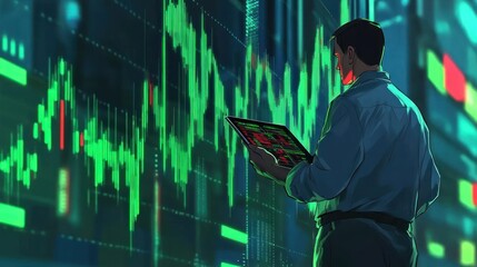 Poster - Analyst examining stock market charts on screen and tablet