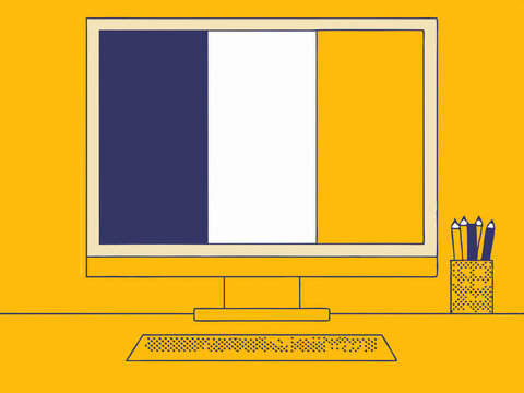 Illustration eines Grafikdesigners bei der Arbeit an einer Farbpalette am Computer, Illustration of a graphic designer working on a color palette on the computer