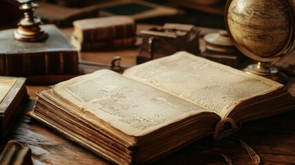 Poster - Open antique book amidst other old objects on wooden surface