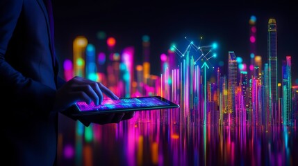 Poster - Businessman Analyzing Growth Charts On A Tablet With Futuristic Cityscape Background, Vector