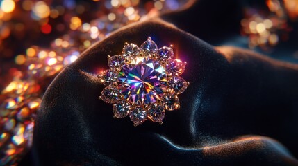 Poster - Luxurious diamond brooch sparkles on draped velvet fabric surface