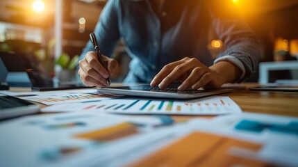 Leinwandbilder - Businesswoman analyzing financial charts and using digital tablet at office desk