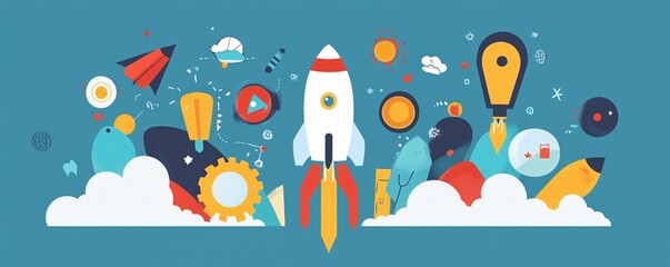 Leinwandbilder - Rocket launching from clouds representing startup business project