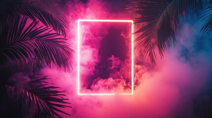 Poster - Glowing neon frame surrounded by palm trees and fog