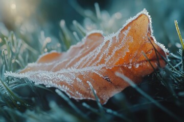 Wall Mural - frosted leaf on grass