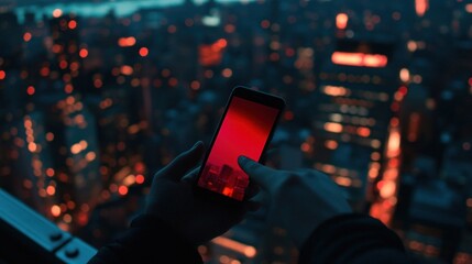 Poster - Person photographs city lights at night using a smartphone