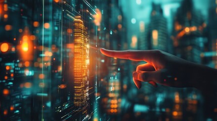 Poster - Hand interacting with futuristic glowing interface over a cityscape